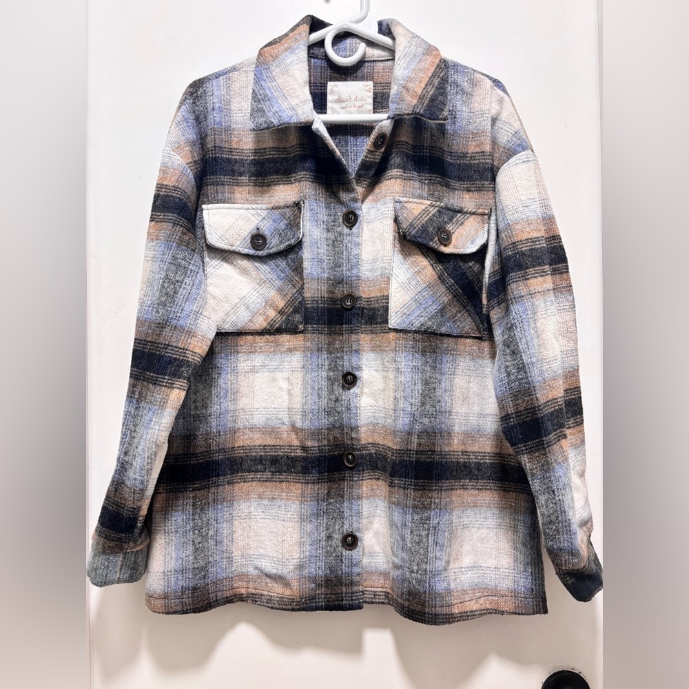 Altar'd State Plaid Oversized Jacket Coat Size S Blue Taupe Buttons Pockets